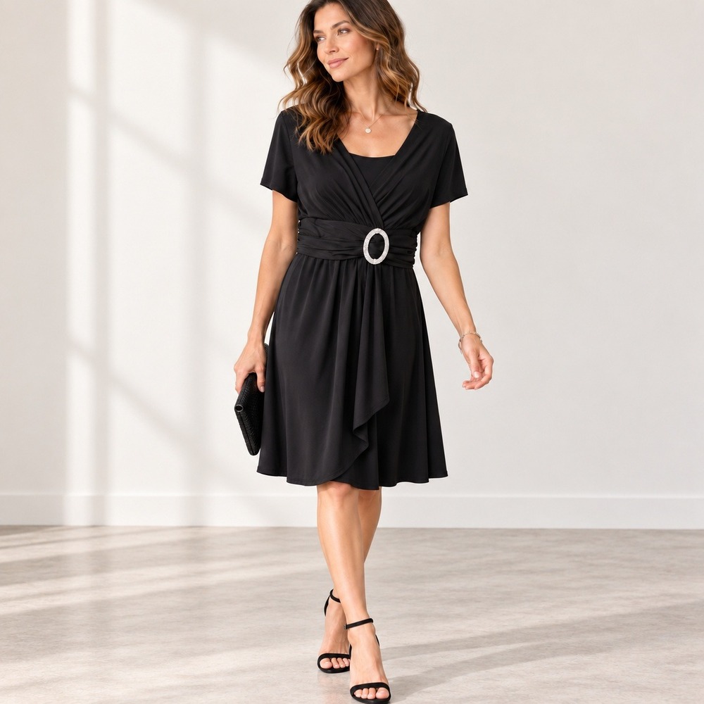 R&M Richards Black Faux Wrap Cocktail‎ Dress Rhinestone Buckle Glam Evening 14